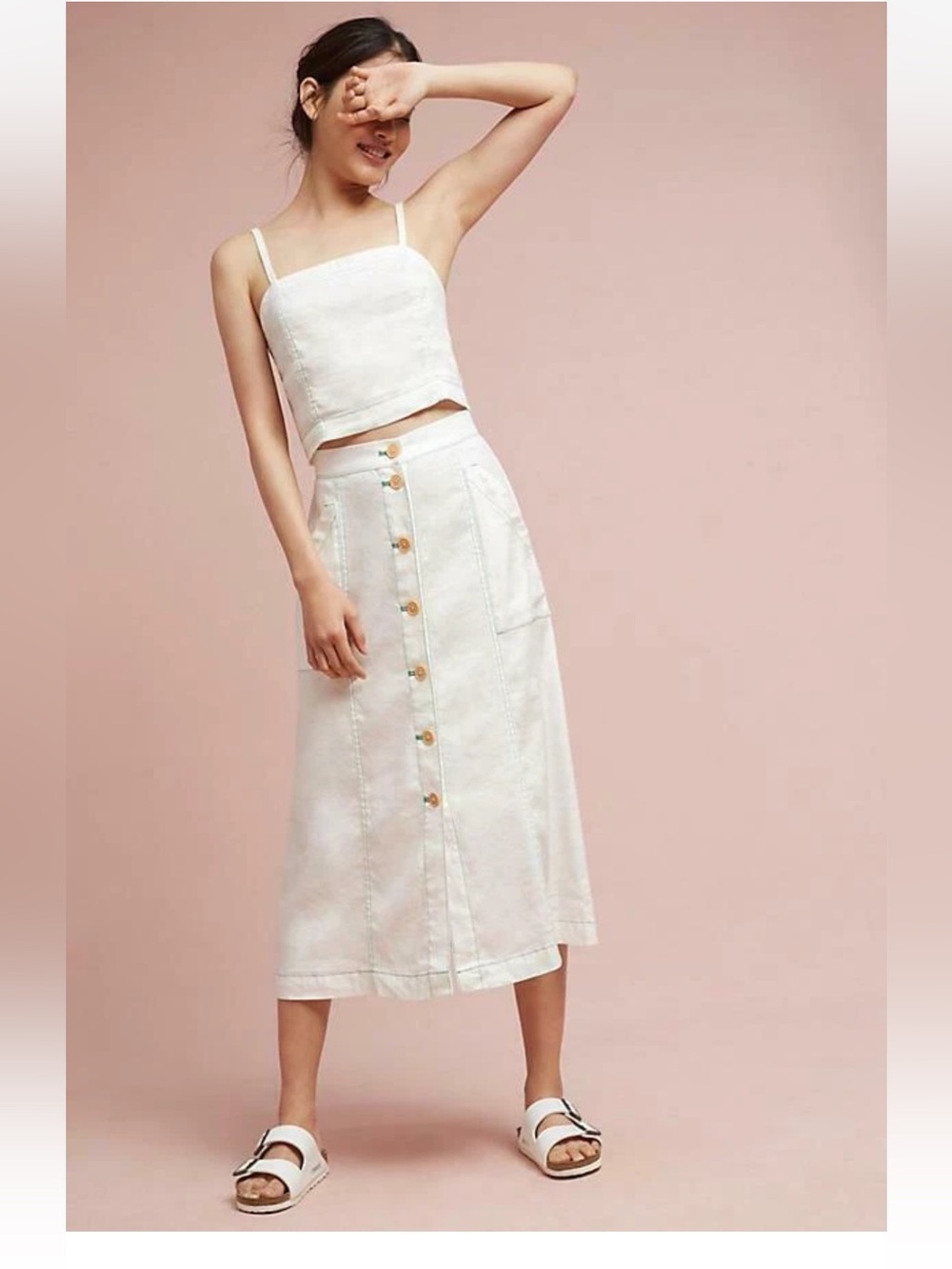 Anthropologie Akemi + KIN Riverine Midi Skirt Button Up A-line Linen Preppy 8